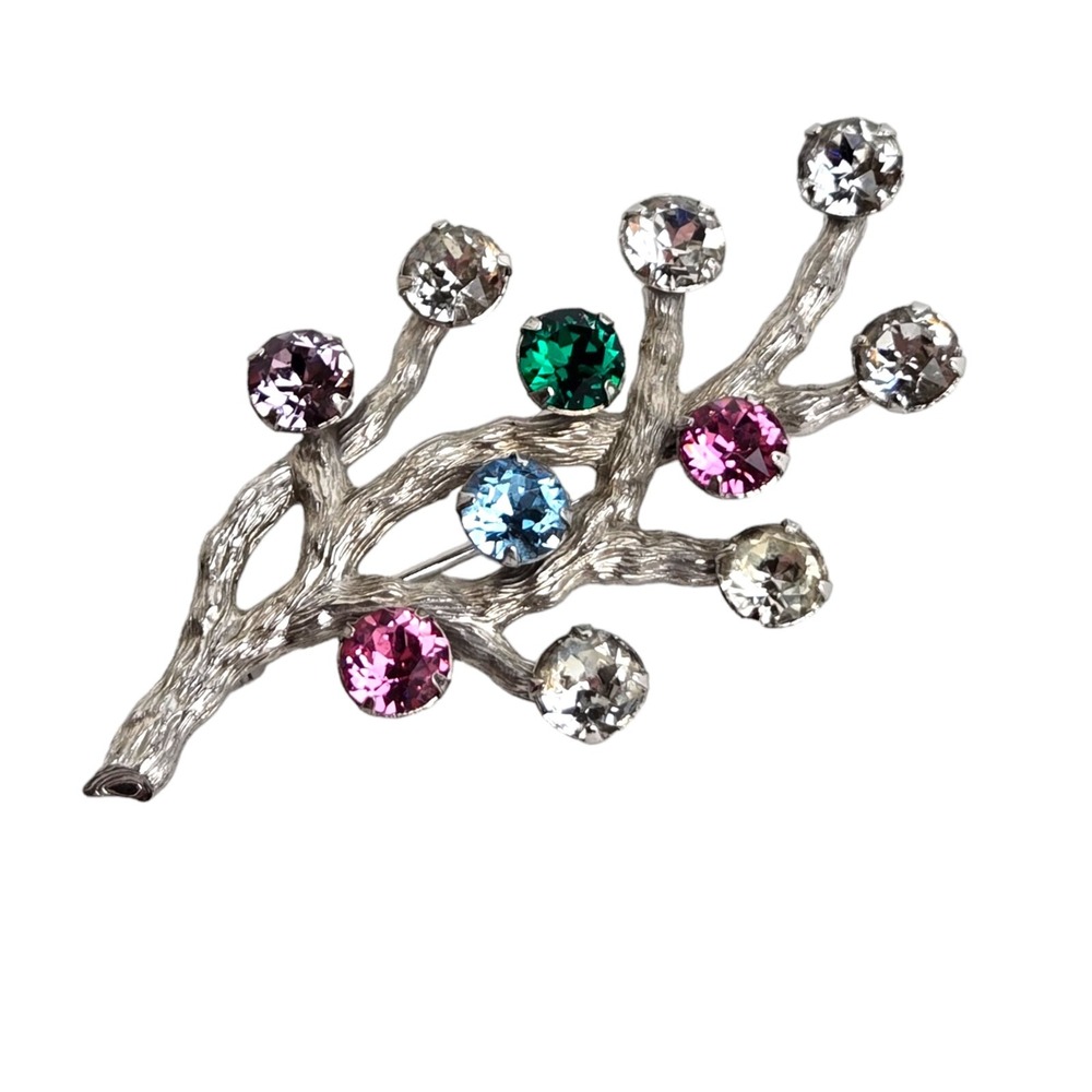 Van Dell 925 Sterling Silver‎ Rinestone Brooch Branch Botanical Pin Vtg Colorful